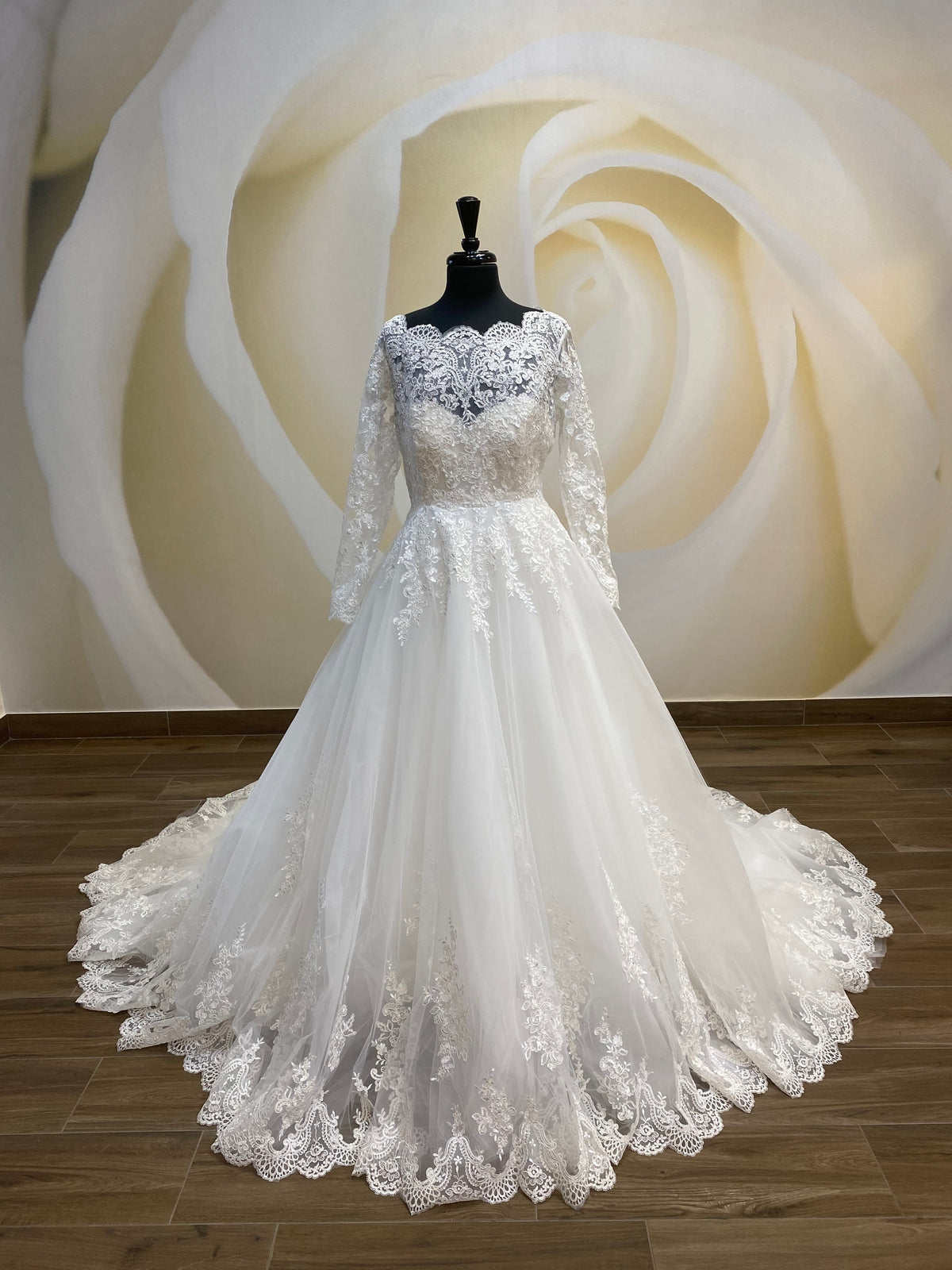 Lace Wedding Dress, Alicante White Floral Long Sleeve Wedding Gown