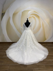 V Neck White Wedding Dress, Floor Length Fairy Wedding Dress